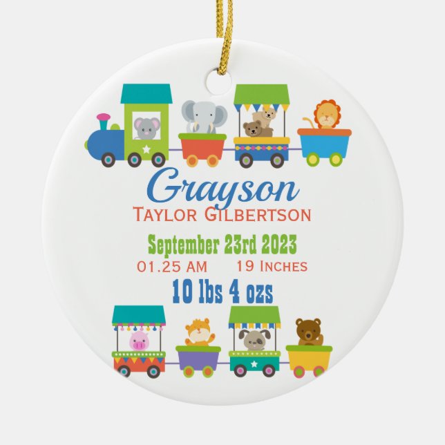 Cute Animal Train Baby Birth Announcement Ceramic Ornament (Front)