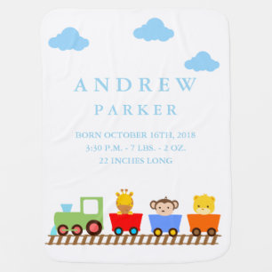 Cute Animal Train Birth Announcement Baby Blanket