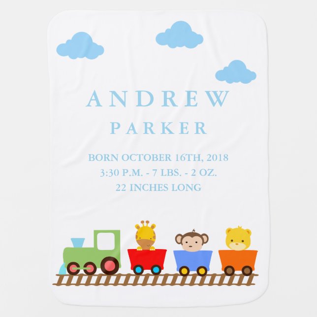 Cute Animal Train Birth Announcement Baby Blanket (Front)