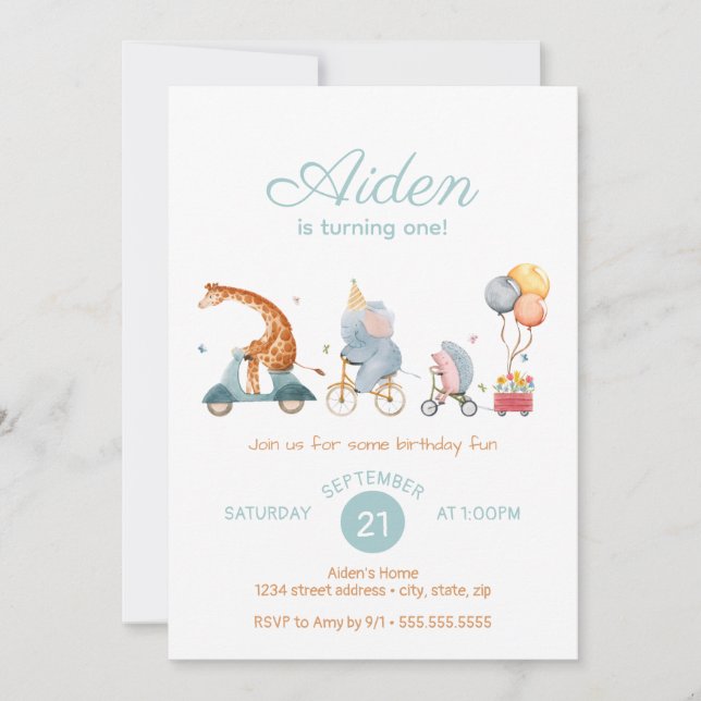 Cute Animal Train Neutral Birthday Party Invitation (Front)