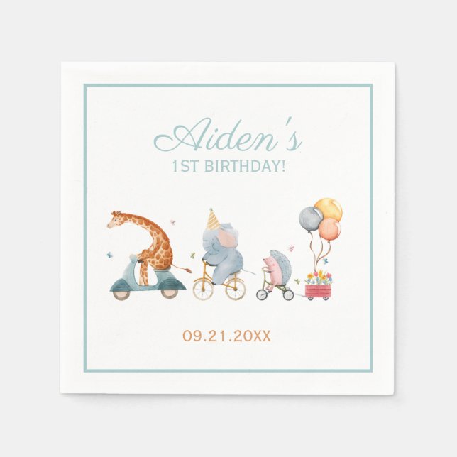 Cute Animal Train Neutral Birthday Party Napkins (Front)