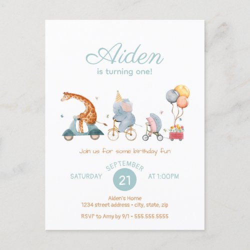 Cute Animal Train Neutral Birthday Party Postcard