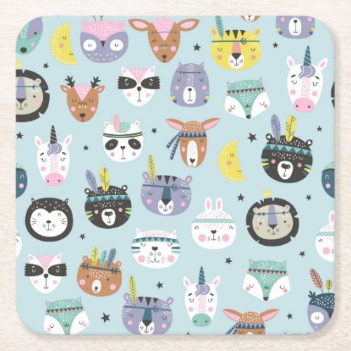 Cute Animal Tribal Boho Pattern Square Paper Coaster