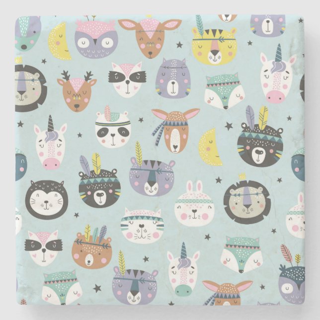 Cute Animal Tribal: Boho Pattern Stone Coaster (Front)