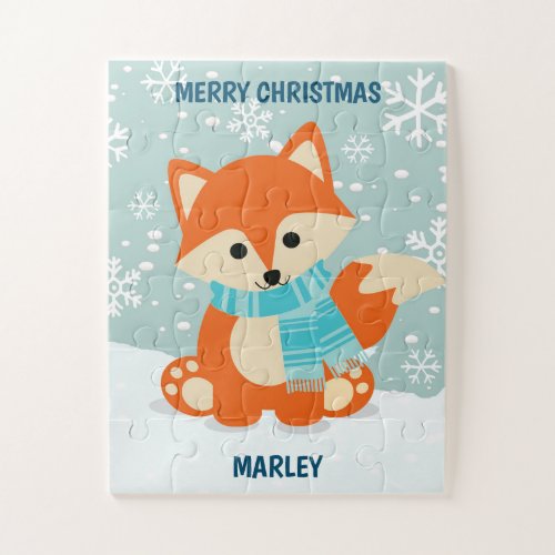 Cute Animal Winter Fox Snowflakes  Kids Christmas Jigsaw Puzzle