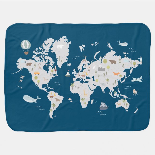 Cute Animal World Map Baby Blanket (Horizontal)
