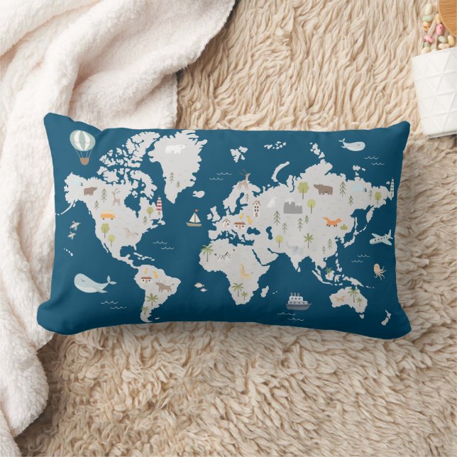 Cute Animal World Map Lumbar Pillow (Blanket)