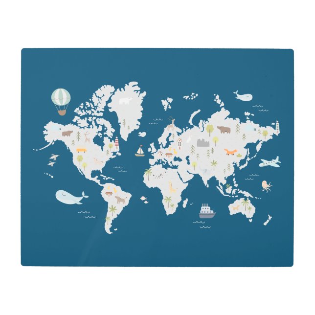 Cute Animal World Map Metal Print (Front)