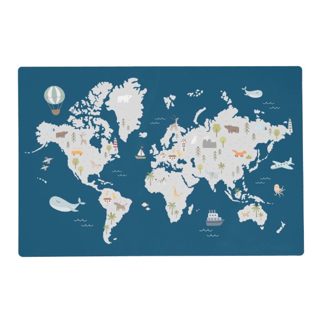 Cute Animal World Map Placemat (Front)