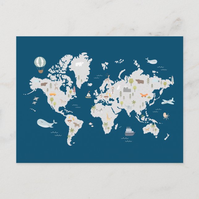 Cute Animal World Map Postcard (Front)