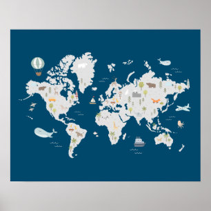Cute Animal World Map Poster