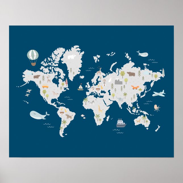 Cute Animal World Map Poster (Front)