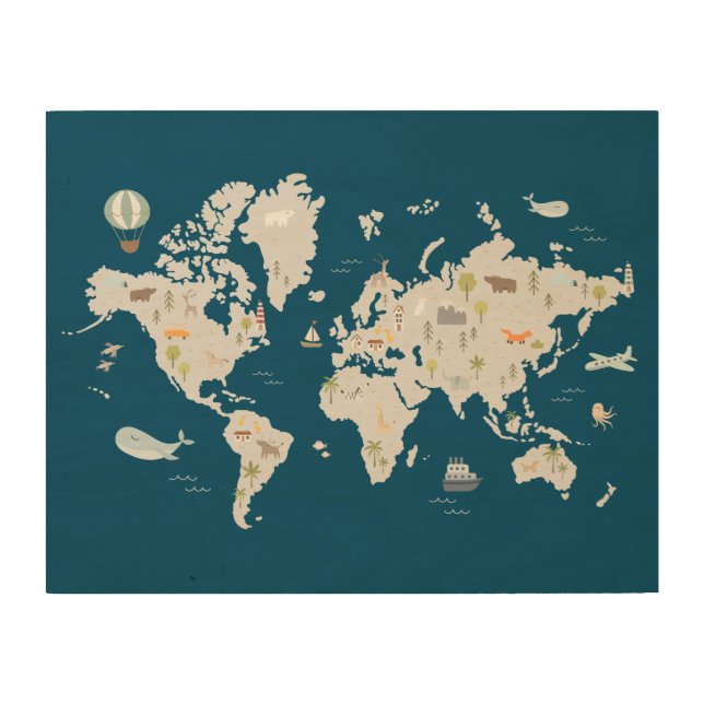 Cute Animal World Map Wood Wall Art (Front)
