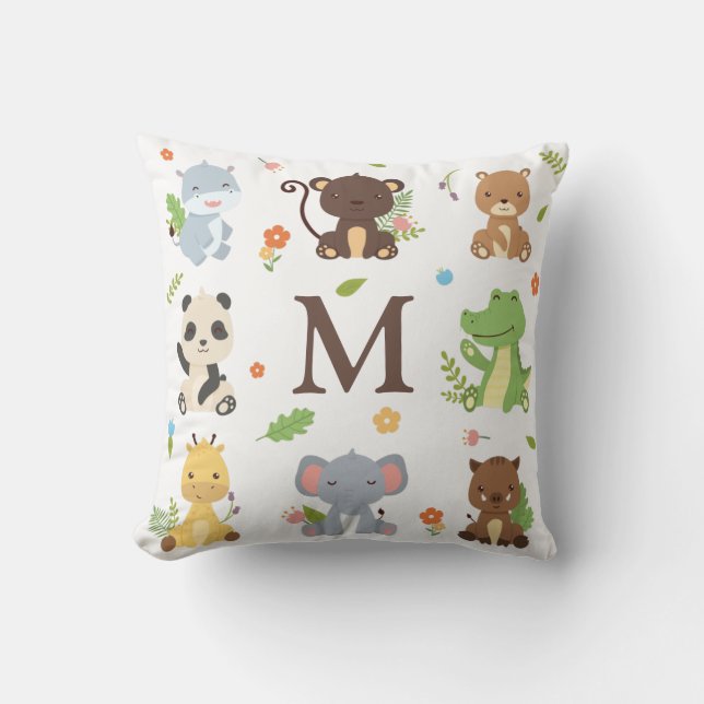 Cute Animal Zoo Wildlife Kids Initial Throw Pillow (Front)