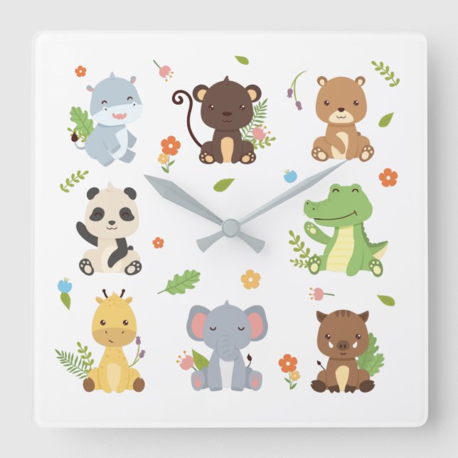 Cute Animal Zoo Wildlife Kids Square Wall Clock (Front)