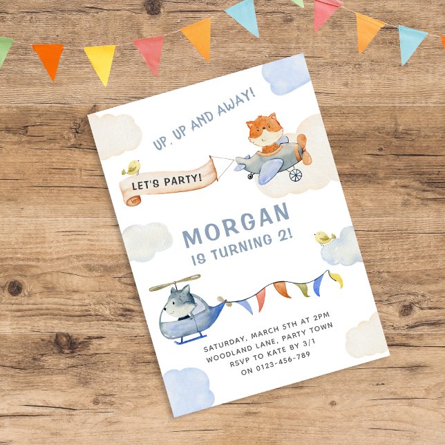 Cute Animals Aeroplane Blue Birthday Invitation (Creator Uploaded)