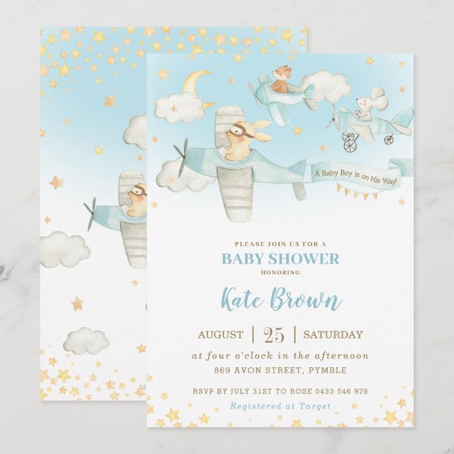 Cute Animals Aeroplanes Stars Sky Baby Shower Boy Invitation (Front/Back)