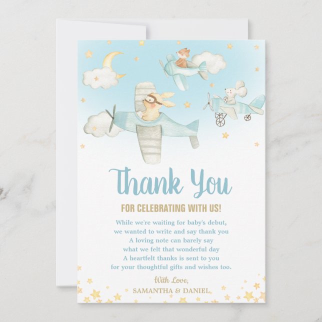 Cute Animals Airplane Stars Baby Shower Birthday Thank You Card (Front)