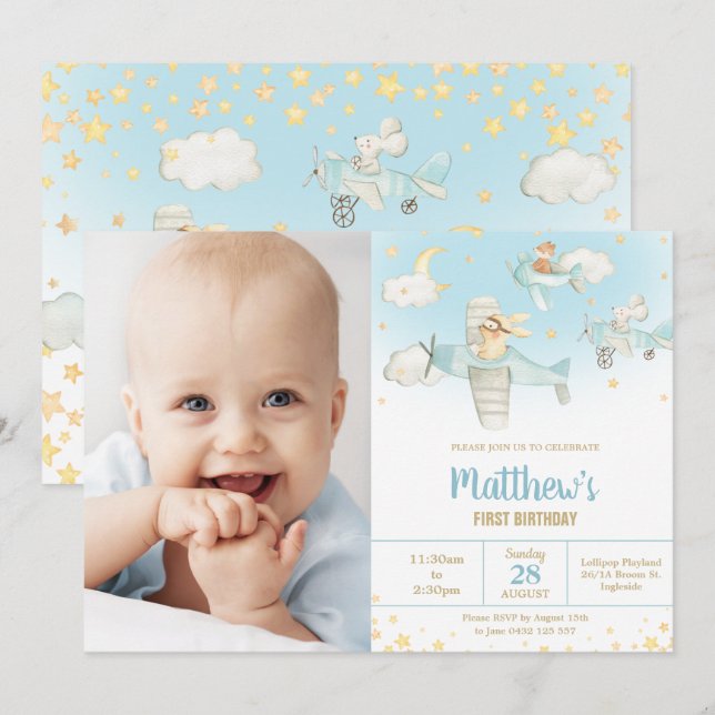 Cute Animals Airplane Stars Sky Birthday Boy Photo Invitation (Front/Back)