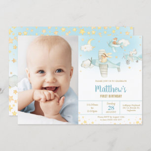 Cute Animals Airplane Stars Sky Birthday Boy Photo Invitation