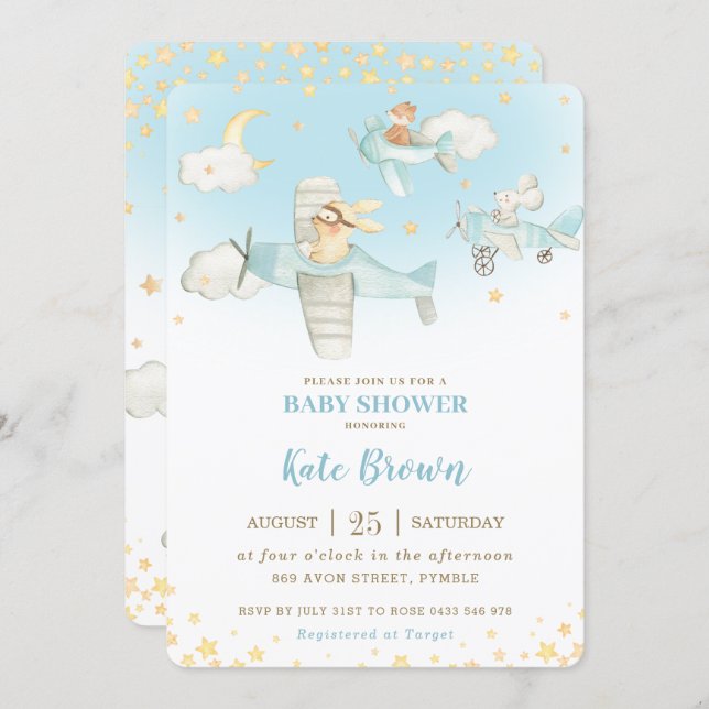 Cute Animals Airplanes Stars Sky Baby Shower Boy Invitation (Front/Back)