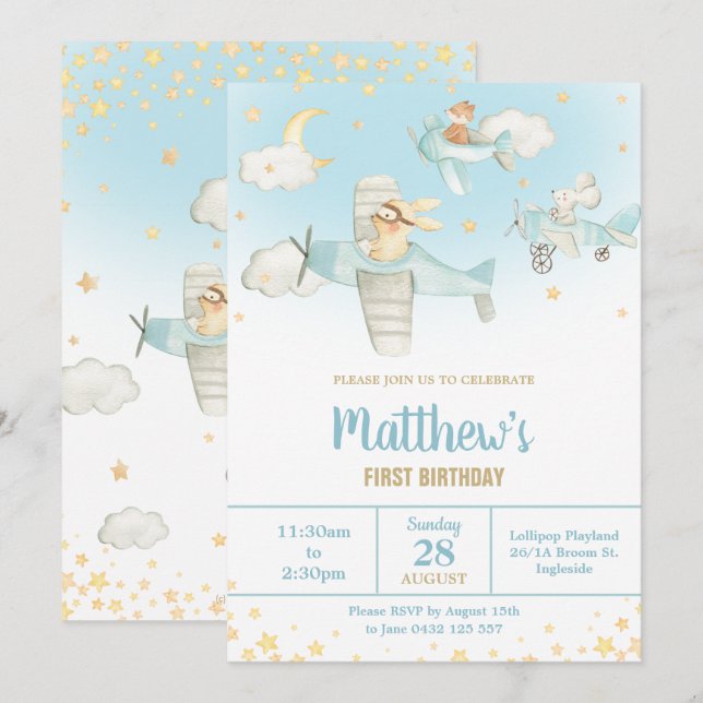 Cute Animals Airplanes Stars Sky Birthday Boy Invitation (Front/Back)