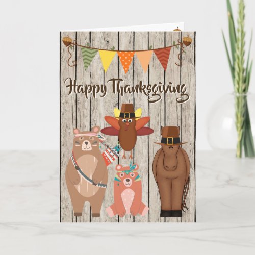 Cute Animals and Bunting Happy Thanksgiving Holiday Card