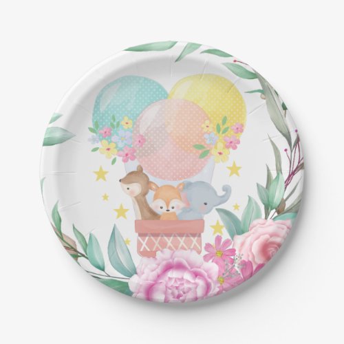 Cute Animals and Pink Peonies Baby Shower Paper Plates