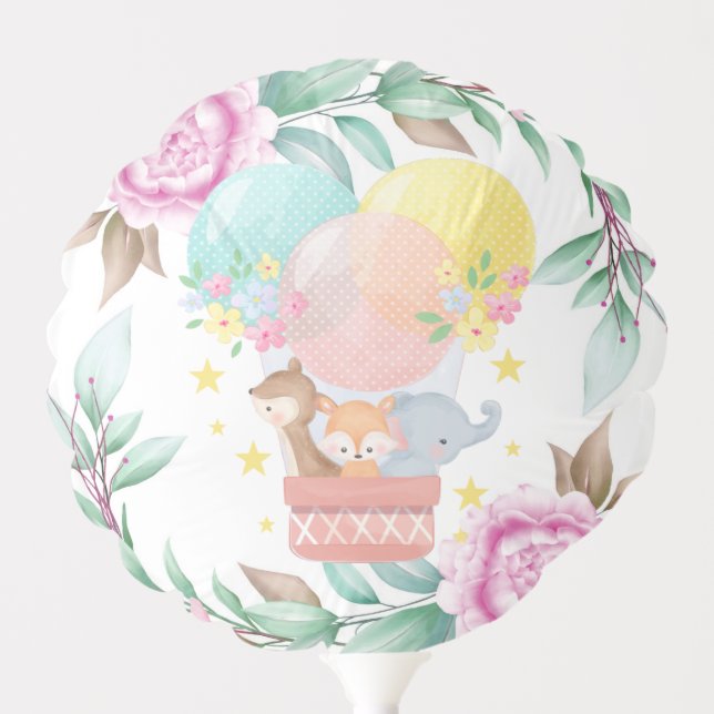 Cute Animals and Pink Peony Baby Shower Balloon (Front)