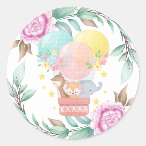 Cute Animals and Pink Peony Baby Shower Classic Classic Round Sticker