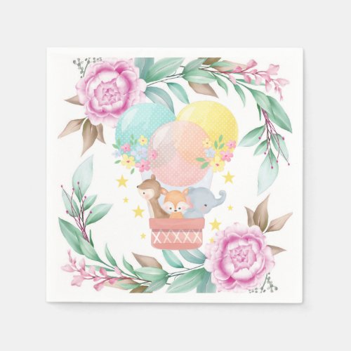 Cute Animals and Pink Peony Baby Shower Napkins