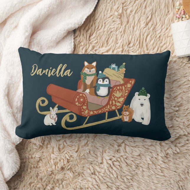 Cute Animals and Sleigh Modern Name Christmas Lumbar Pillow (Blanket)