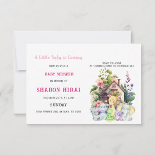 Cute Animals Baby Shower Invitation   Pink   Horiz