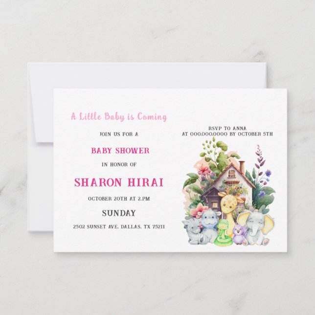 Cute Animals Baby Shower Invitation | Pink | Horiz (Back)