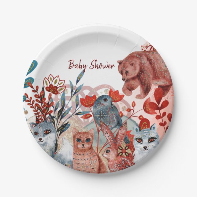 Cute Animals baby shower invitation red and blue Paper Plates (Front)
