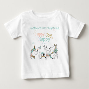 Cute Animals Baby's 1st Christmas Happy Happy Joy Baby T-Shirt