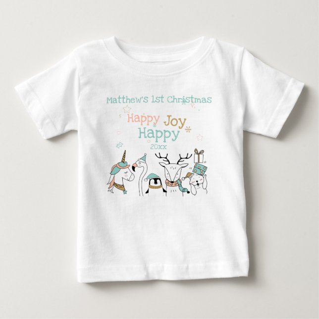 Cute Animals Baby's 1st Christmas Happy Happy Joy Baby T-Shirt (Front)