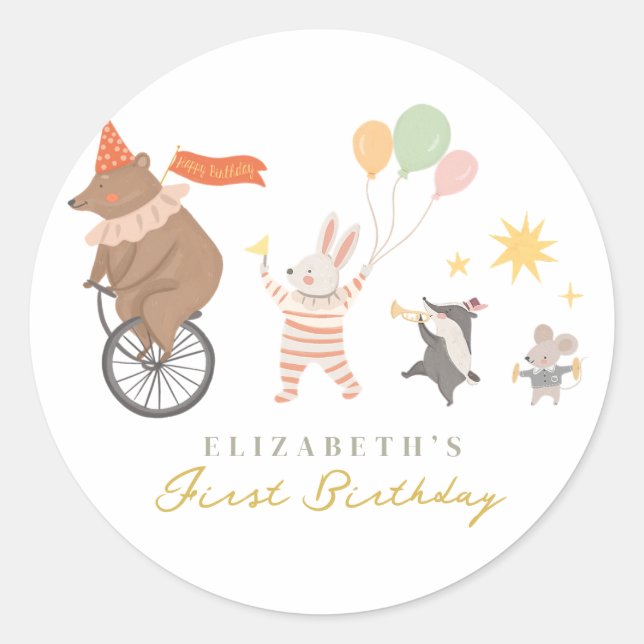 Cute Animals Band First Birthday Classic Round Sticker (Front)