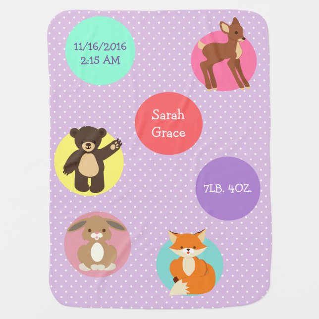 Cute Animals Birth Announcement Baby Blanket (Front)