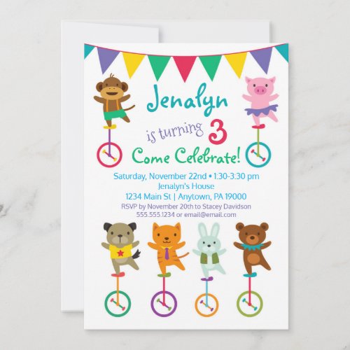 Cute Animals Birthday Invitation Unicycle Circus