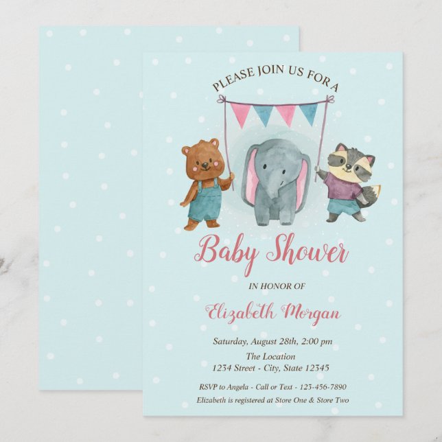 Cute Animals, Blue Dots Baby Shower Invitation (Front/Back)
