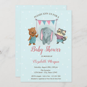 Cute Animals, Blue Dots Baby Shower Invitation
