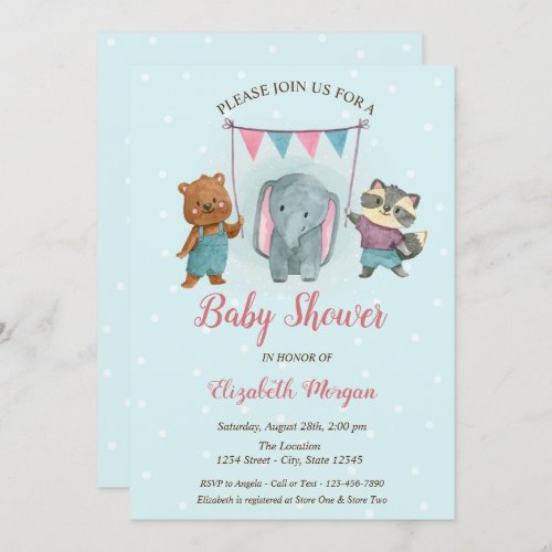 Cute Animals Blue Dots Baby Shower Invitation