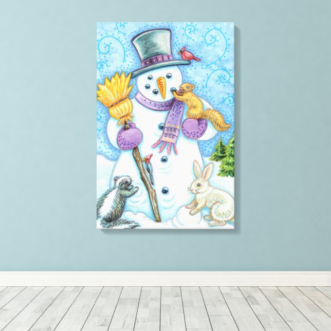 Cute Animals Building a Snowman for Christmas Canvas Print (Insitu(Wood Floor))