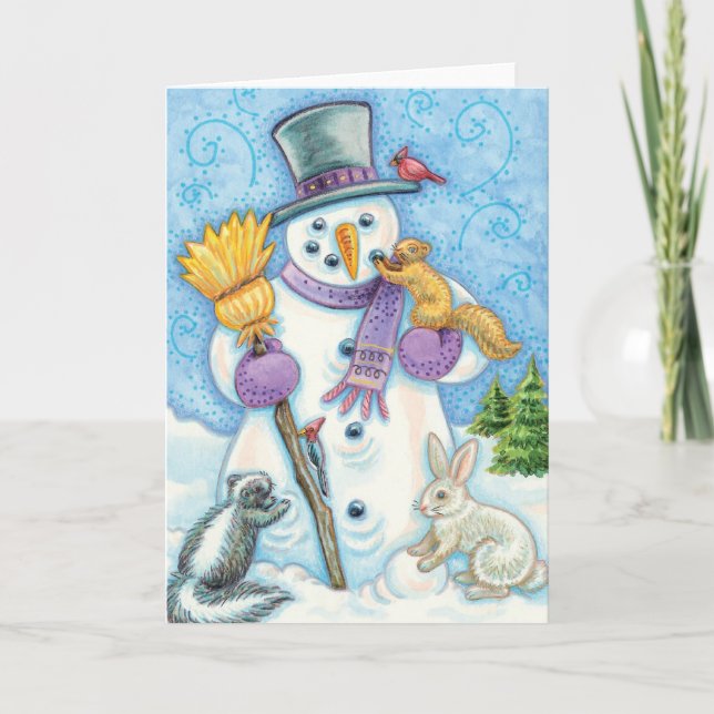 Cute Animals Building a Snowman for Christmas Holiday Card (Front)