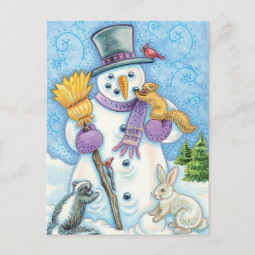 Cute Animals Building a Snowman for Christmas Holiday Postcard