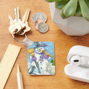 Cute Animals Building a Snowman for Christmas Keychain