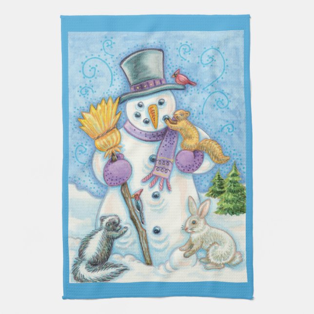 Cute Animals Building a Snowman for Christmas Kitchen Towel (Vertical)