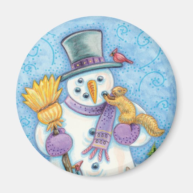 Cute Animals Building a Snowman for Christmas Magnet (Front)