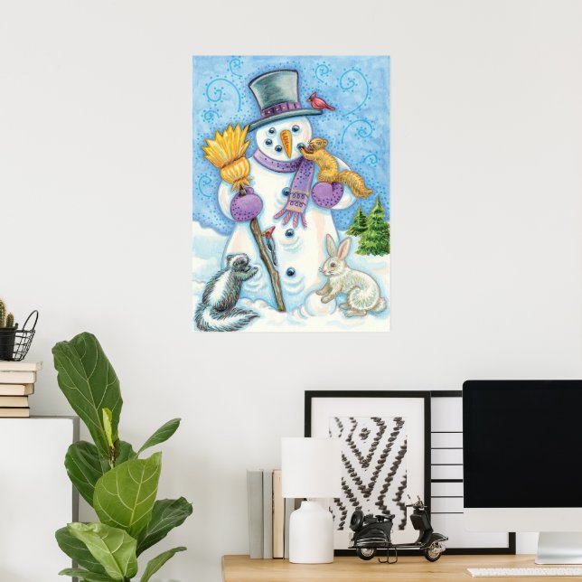 Cute Animals Building a Snowman for Christmas Poster (Home Office)